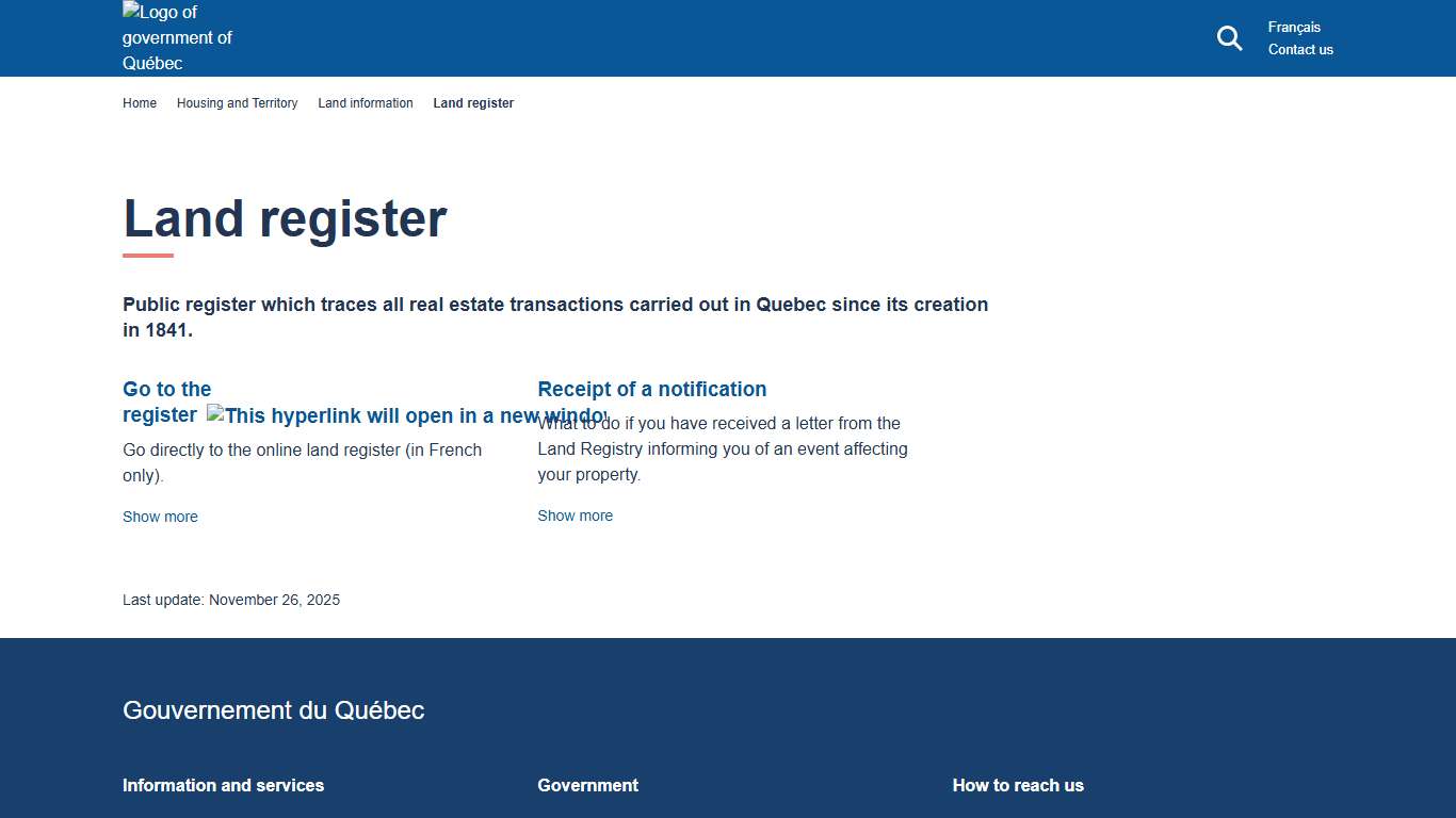 Land register Gouvernement du Québec